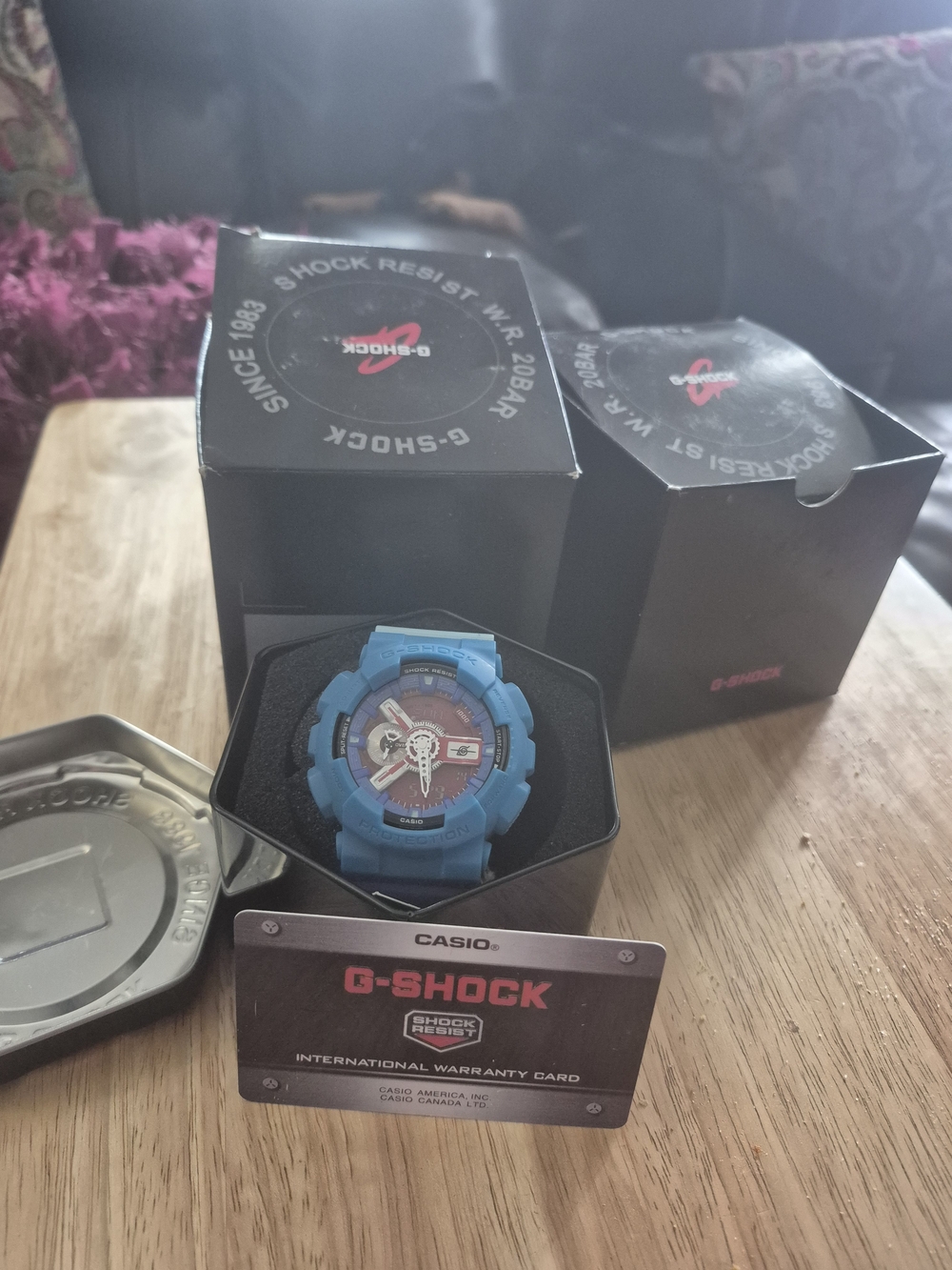 Casio G-Shock Blue Resin Watch with Red Dial Accents